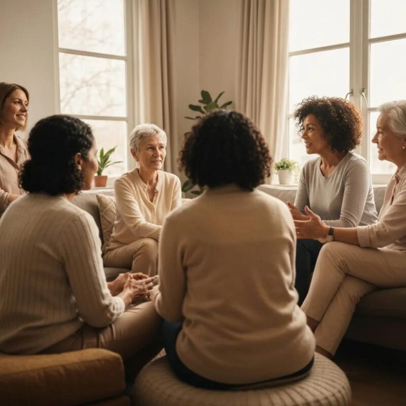 Women over 50 discussing endometriosis awareness in a cozy living room setting
