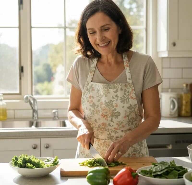 Woman preparing a bright, anti‑inflammatory meal in a sunlit kitchen — practical lifestyle choices for endometriosis relief after menopause