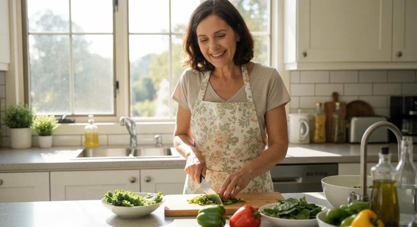 Woman preparing a bright, anti‑inflammatory meal in a sunlit kitchen — practical lifestyle choices for endometriosis relief after menopause