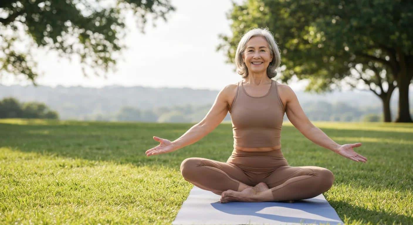 887ae946 a645 4a1d 80de 5b1b093870a4webp - Rachael Haverland Site Older woman practicing gentle yoga outside, representing lifestyle practices that support endometriosis symptom control