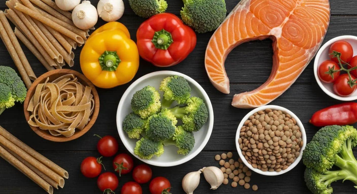A colorful spread of anti‑inflammatory foods — fish, vegetables, whole grains — illustrating practical dietary strategies for postmenopausal endometriosis