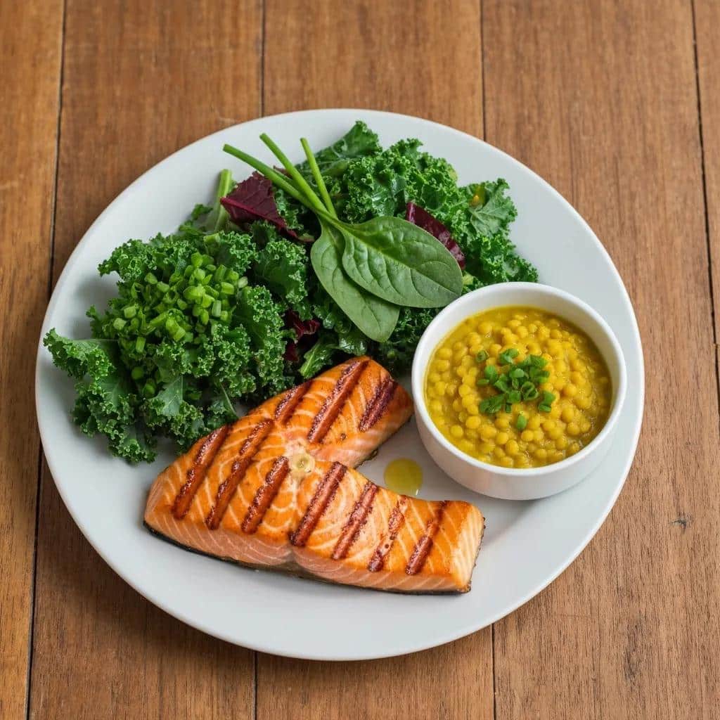 Anti‑inflammatory meal with grilled salmon, leafy greens, and turmeric lentils to illustrate dietary support for endometriosis