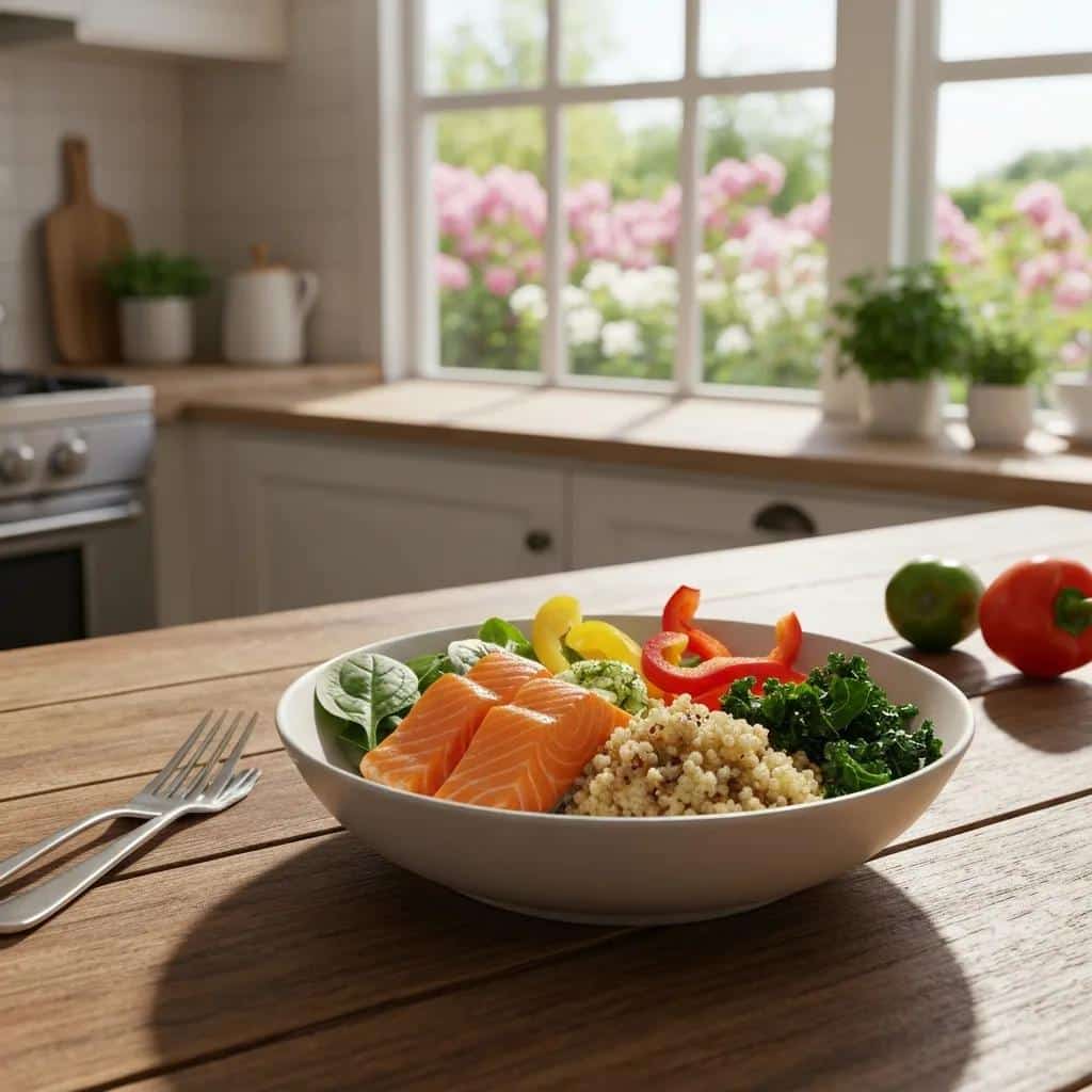 Colorful anti-inflammatory meal with salmon and vegetables to support stress management for endometriosis