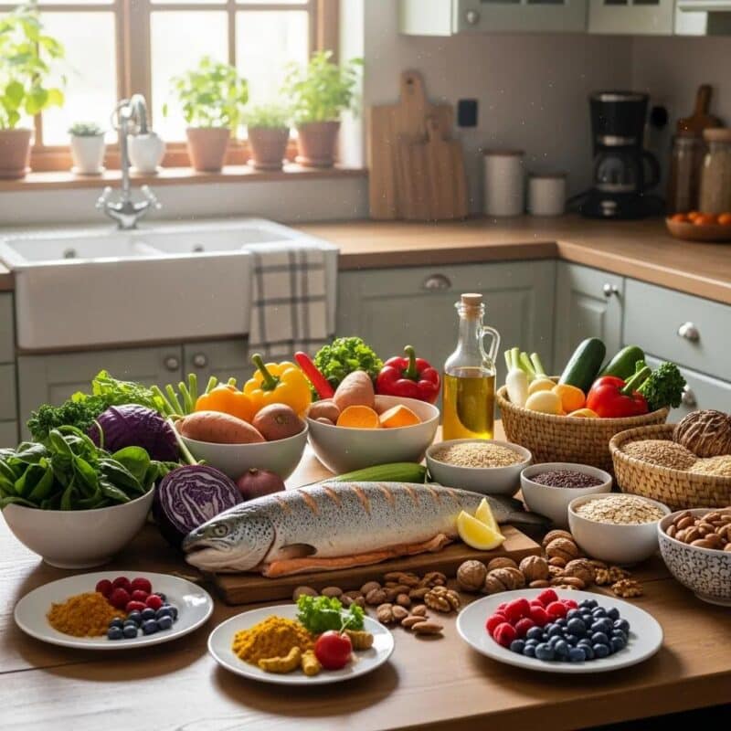 Colorful array of anti-inflammatory foods including fatty fish, vegetables, and grains for managing endometriosis