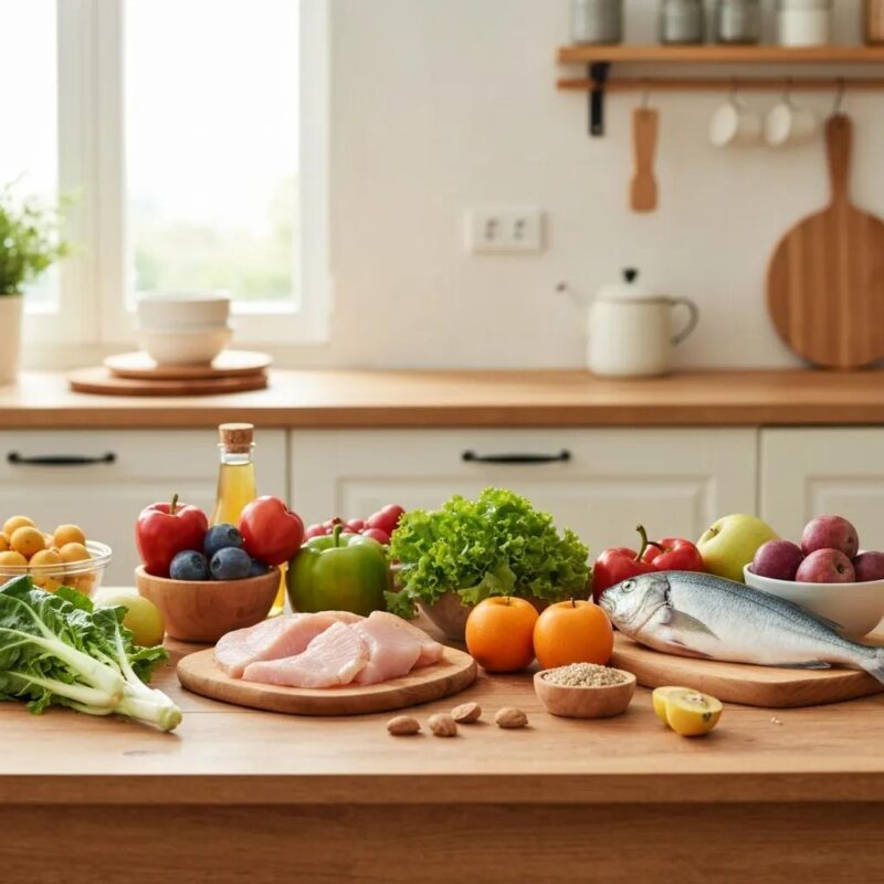 Colorful fruits and vegetables in a bright kitchen, emphasizing anti-inflammatory foods for managing endometriosis