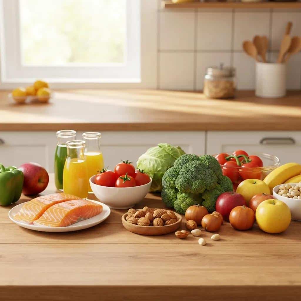 Colorful fruits and vegetables illustrating nutrition strategies for menopausal endometriosis