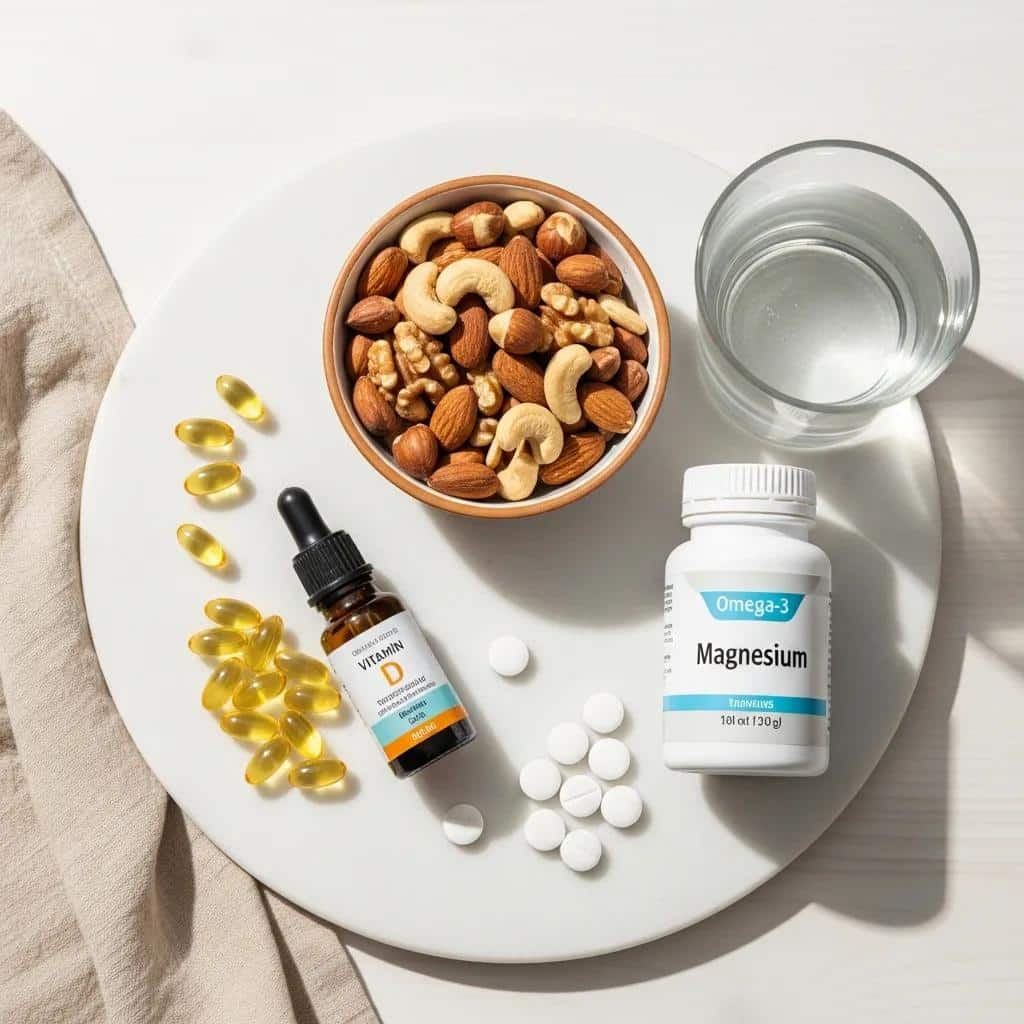 Bottles and capsules of common supplements — omega‑3, vitamin D, magnesium — useful for endometriosis care