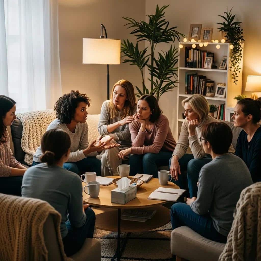 Diverse group of women discussing endometriosis support in a cozy setting
