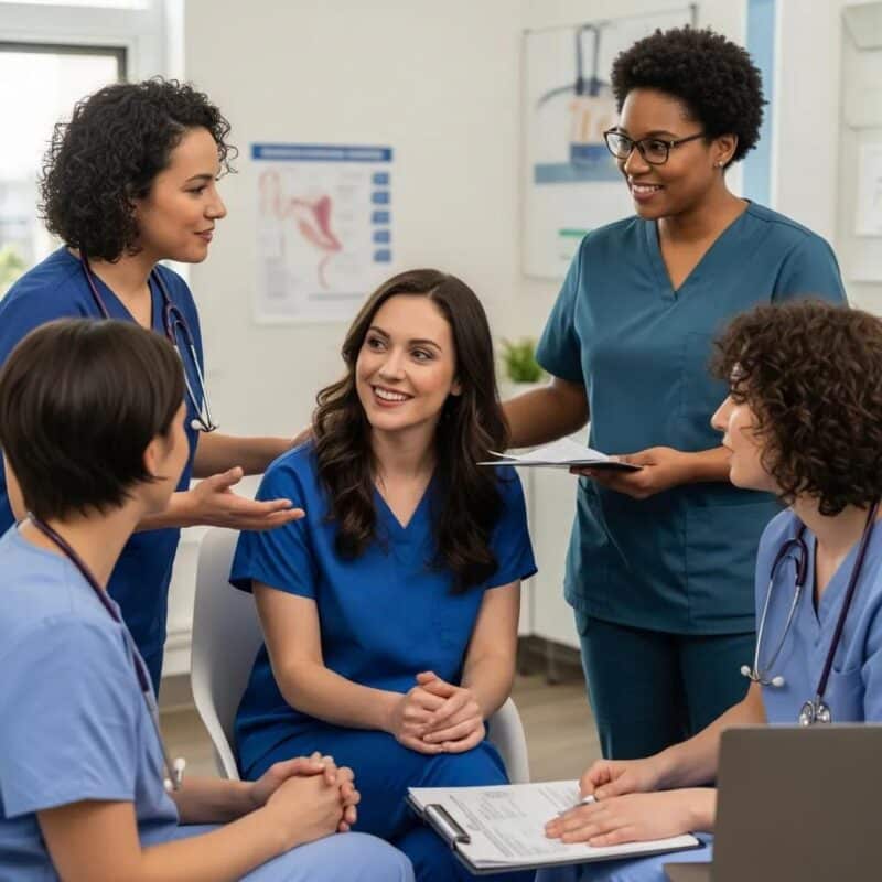 Diverse women discussing clinical trials for post-menopausal endometriosis in a supportive environment
