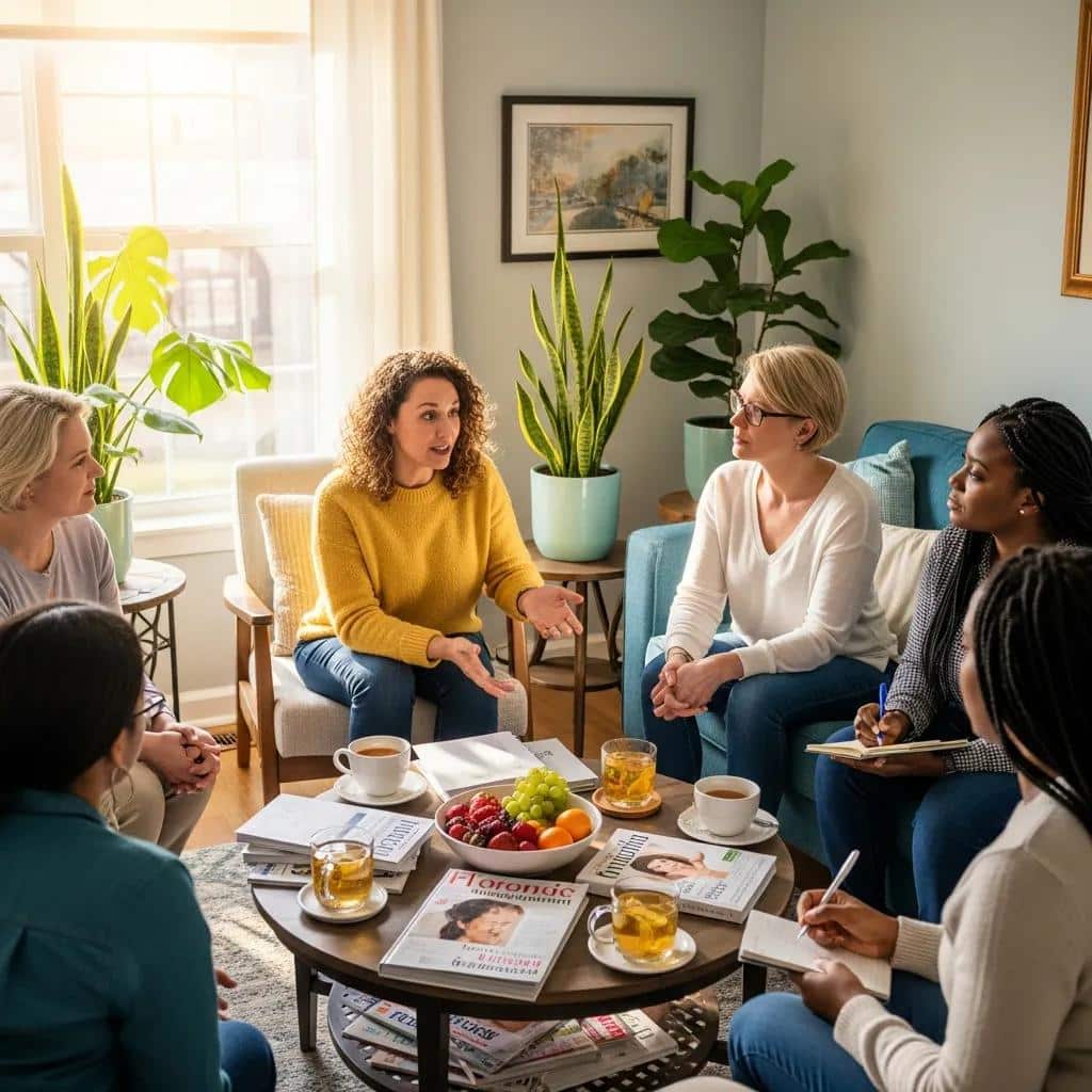 Diverse women discussing endometriosis awareness in a supportive environment