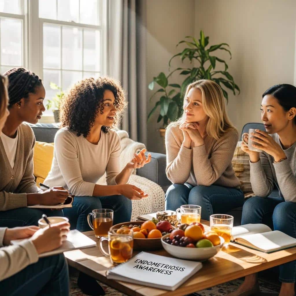 Diverse women discussing health and wellness in a supportive environment, emphasizing community around endometriosis awareness
