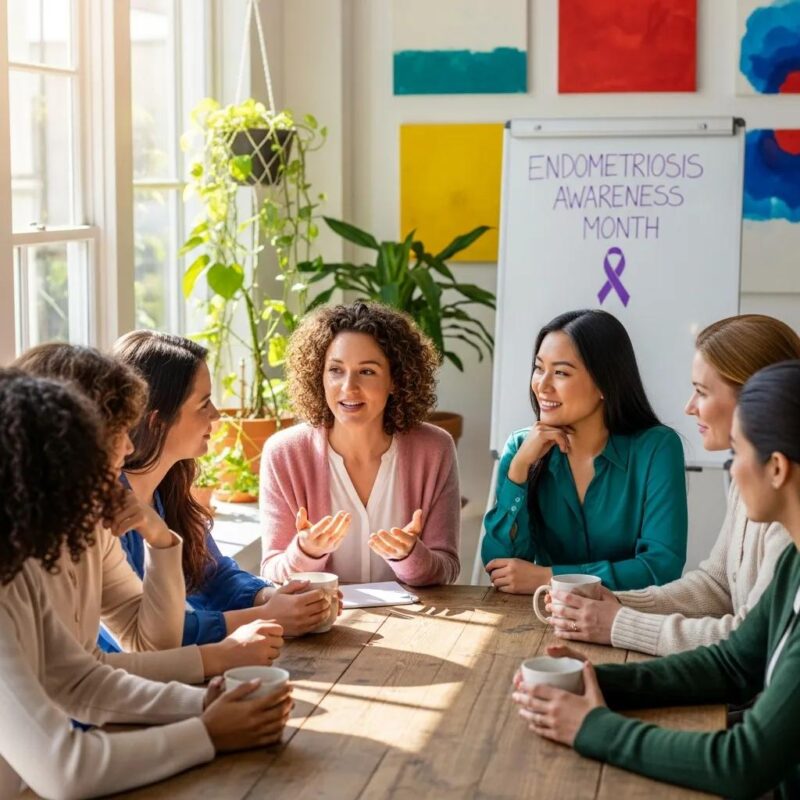 Diverse women engaging in a supportive discussion about endometriosis awareness, with a focus on community and health, featuring a visible sign for Endometriosis Awareness Month.