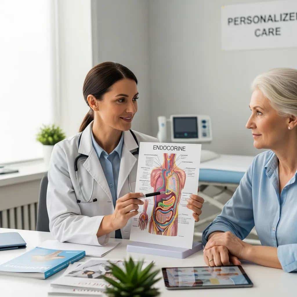 Clinician discussing hormonal and non-hormonal treatment options with a mature patient in clinic