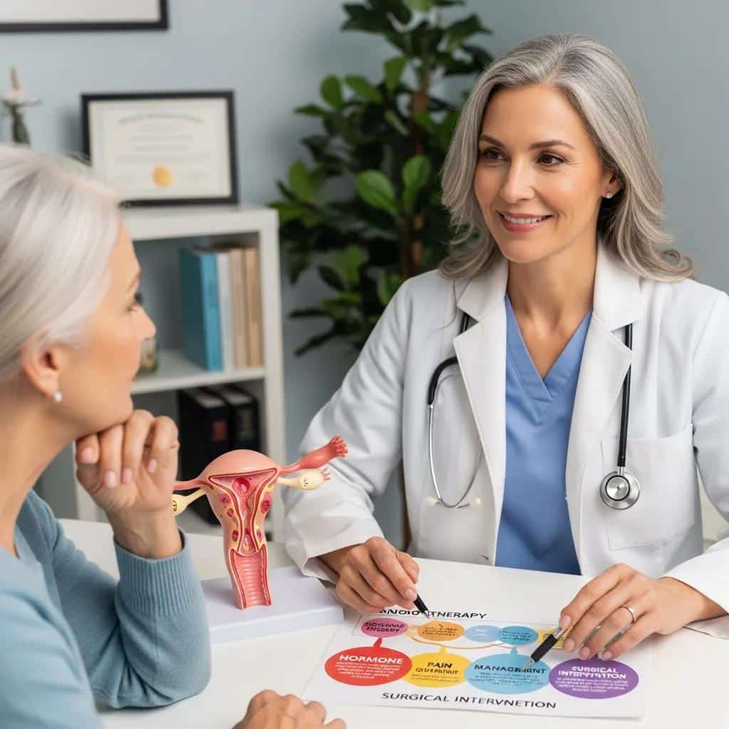 Clinician discussing medication options for postmenopausal endometriosis with a patient