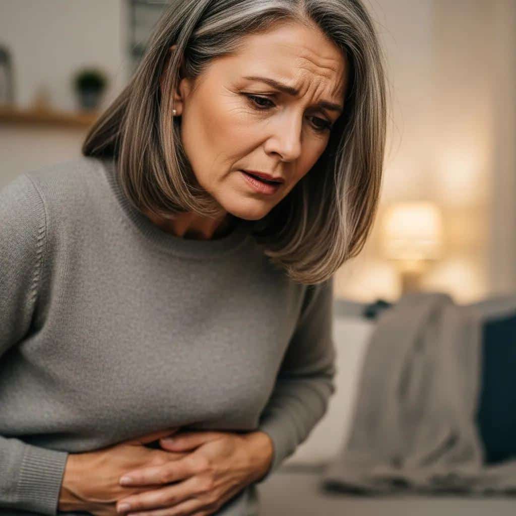 Mature woman holding her lower abdomen with concern — illustrating postmenopausal pelvic symptoms