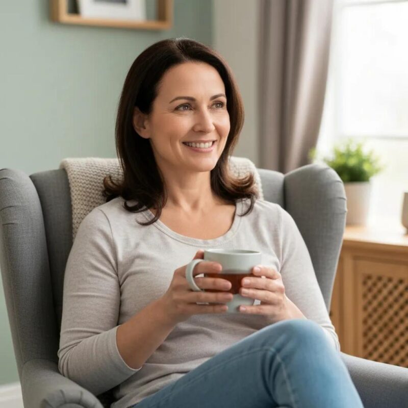 Middle-aged woman in a cozy living room, reflecting on mental health after menopause, emphasizing resilience and support