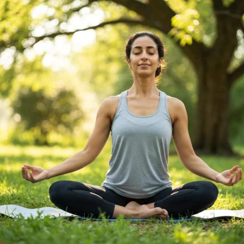 Middle-aged woman practicing yoga outdoors, symbolizing exercise benefits for endometriosis management