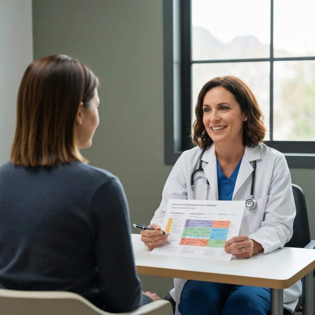 older woman consulting with a doctor about hormone replacement therapy options for endometriosis 13ccfbad 75dc 4bb2 9261 a3913a53d494webp - Rachael Haverland Site Patient and clinician discussing hormone replacement therapy options for endometriosis in a clinic setting