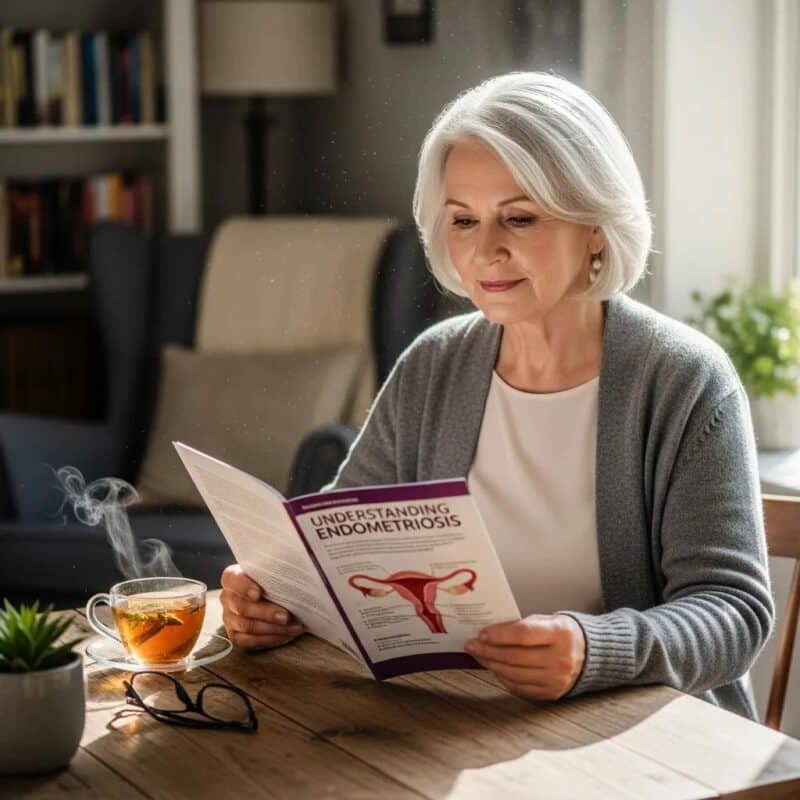 Older woman reading a brochure titled "Understanding Endometriosis" in a cozy home setting, with a cup of tea and a plant on the table, reflecting the focus on endometriosis awareness for older women.