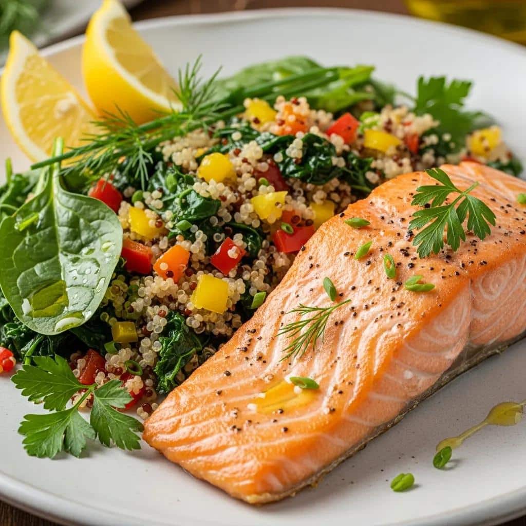 Plate with salmon, quinoa, and leafy greens — examples of anti-inflammatory foods for endometriosis care