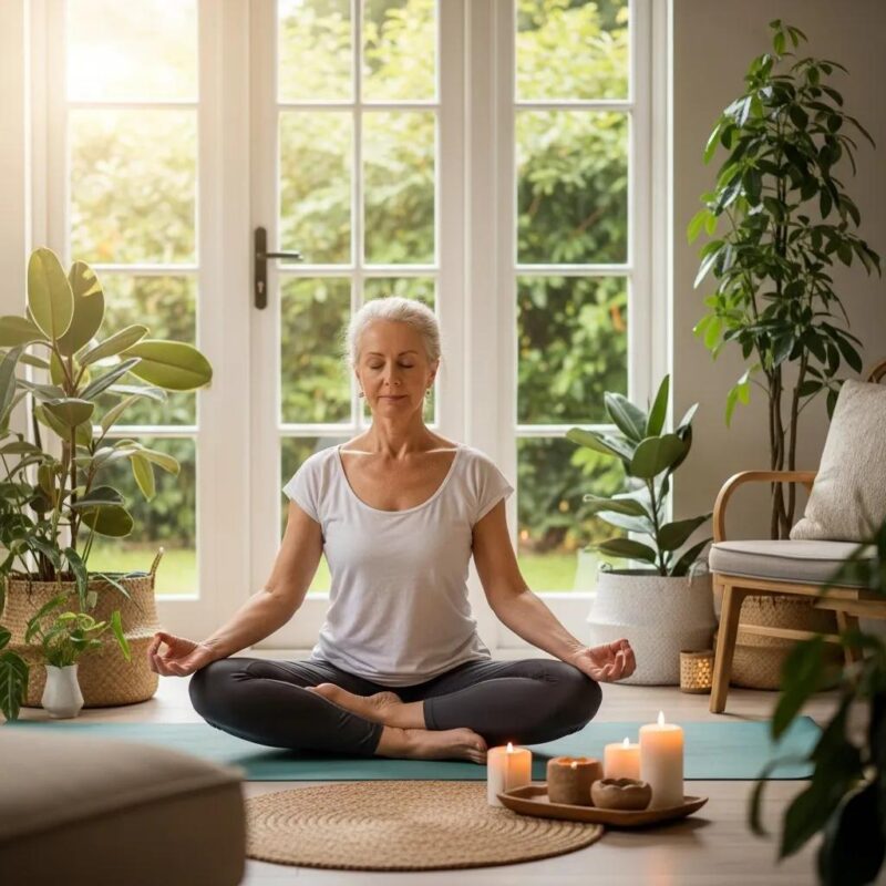 Postmenopausal woman practicing mindfulness techniques in a tranquil setting