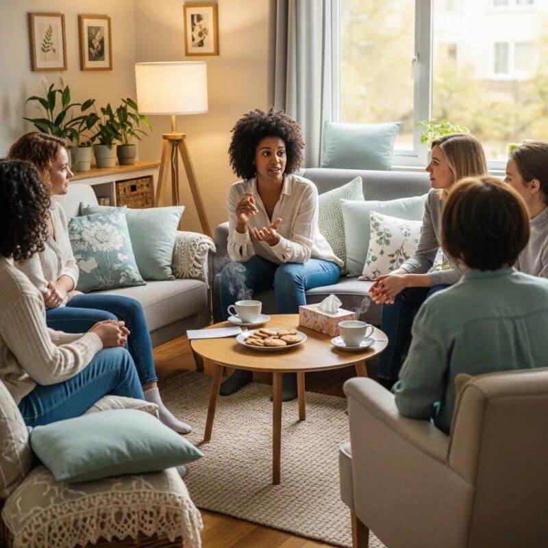 Support group meeting for endometriosis survivors, showcasing a diverse group of women in a warm, inviting environment