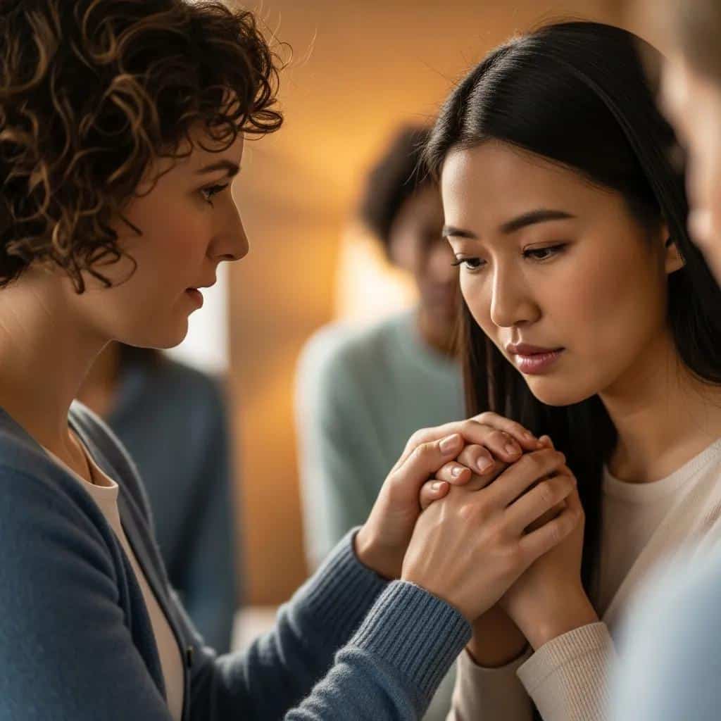 Two women in a support group sharing support and understanding, highlighting connection and empathy