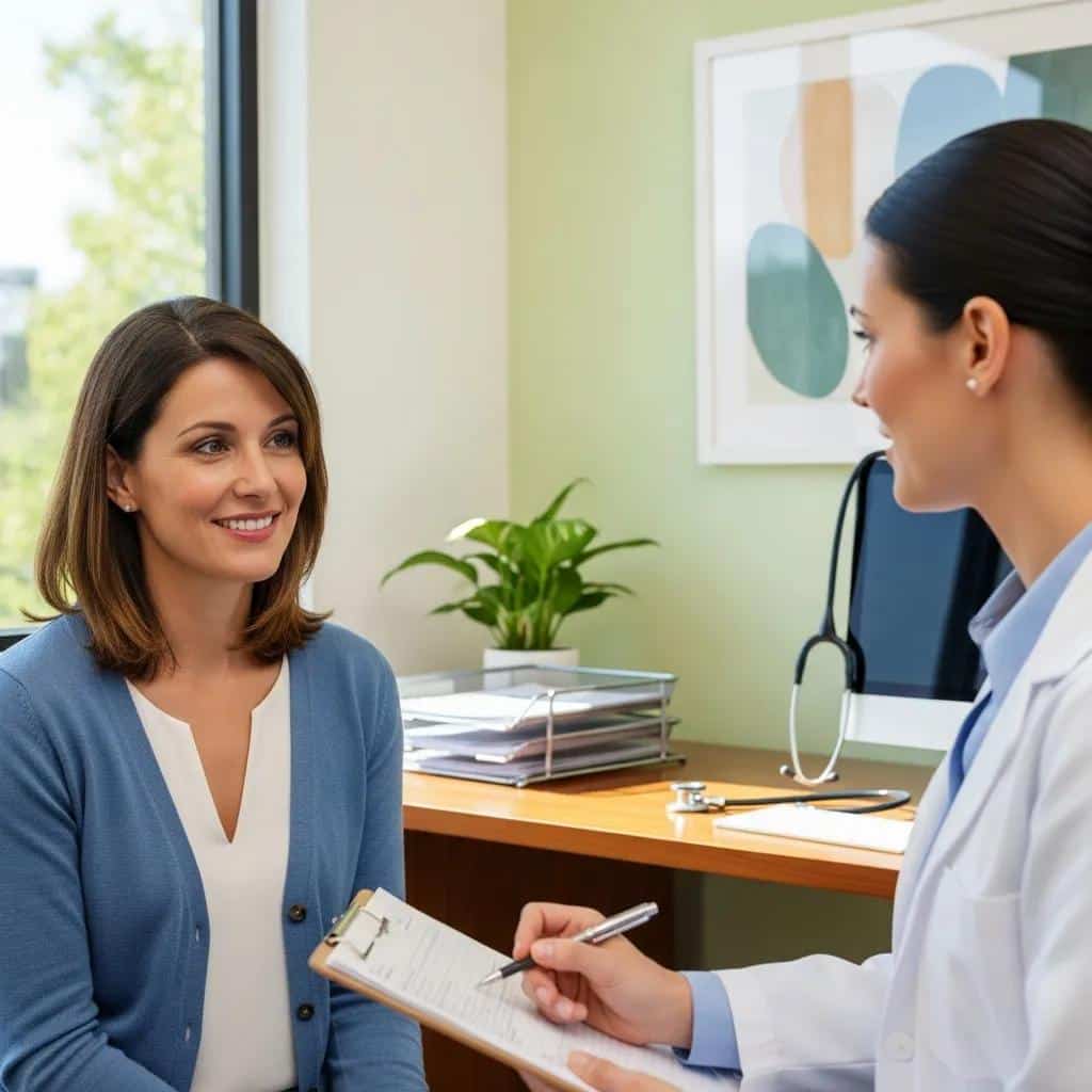 Patient consulting a clinician about new post‑menopausal pelvic symptoms