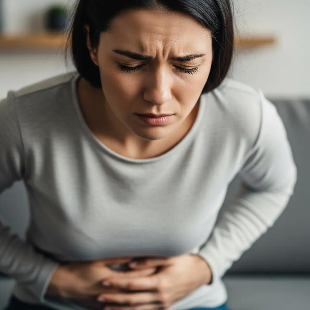 Woman holding her lower abdomen, experiencing chronic pelvic discomfort