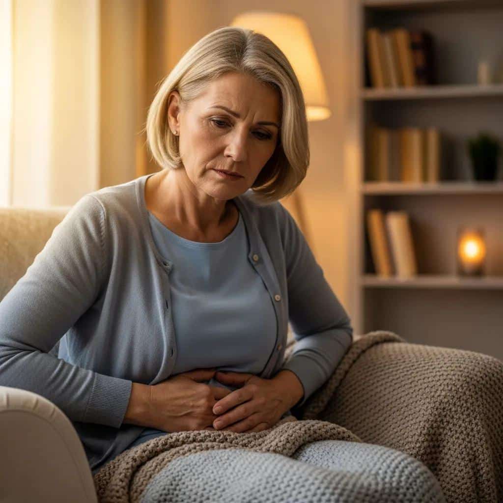 Woman experiencing pelvic discomfort related to endometriosis symptoms at home