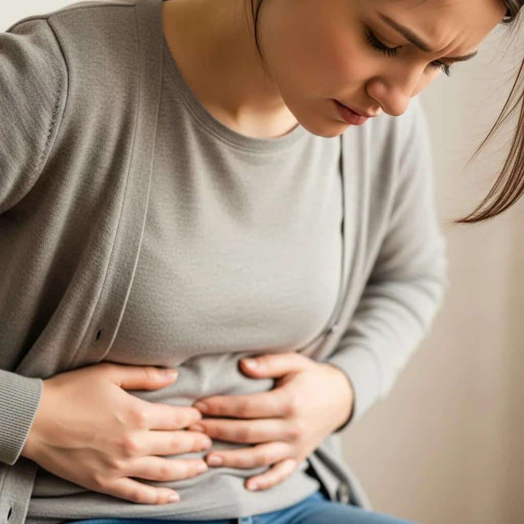 Woman holding her lower abdomen to indicate pelvic pain