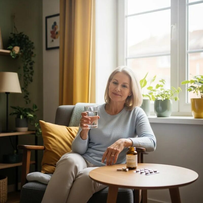 Woman in her 50s in a cozy living room, holding water with dietary supplements nearby, representing endometriosis relief after menopause