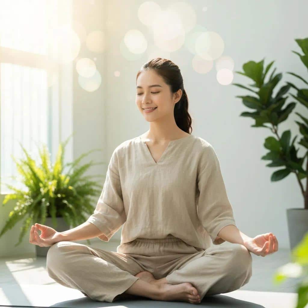 Woman practicing mindfulness meditation in a peaceful setting, promoting stress management for endometriosis