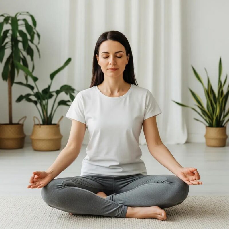 Woman practicing yoga in a tranquil setting, representing natural therapies for menopausal endometriosis relief