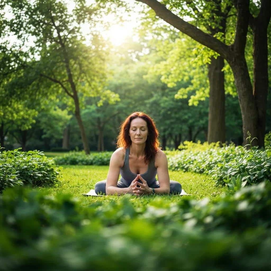 Woman practicing gentle yoga outdoors — movement that supports pelvic stability, relaxation, and pain management after menopause
