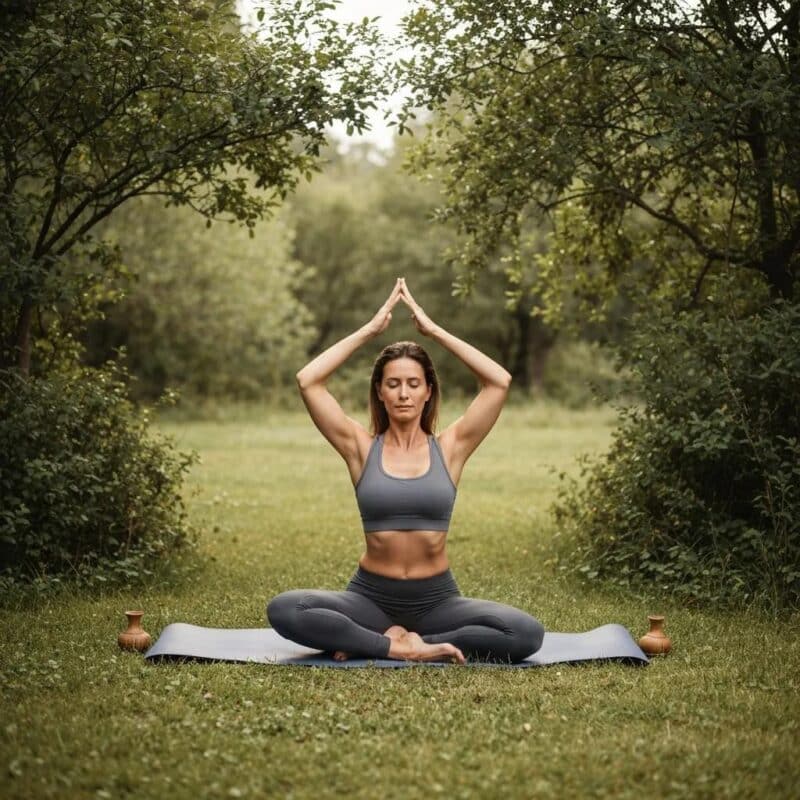 Woman practicing yoga outdoors, symbolizing holistic approaches to managing endometriosis after menopause
