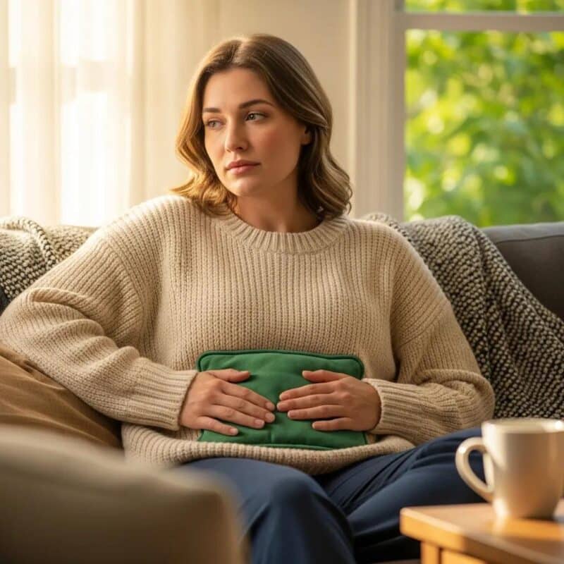 Woman using a heating pad for endometriosis relief in a cozy home environment