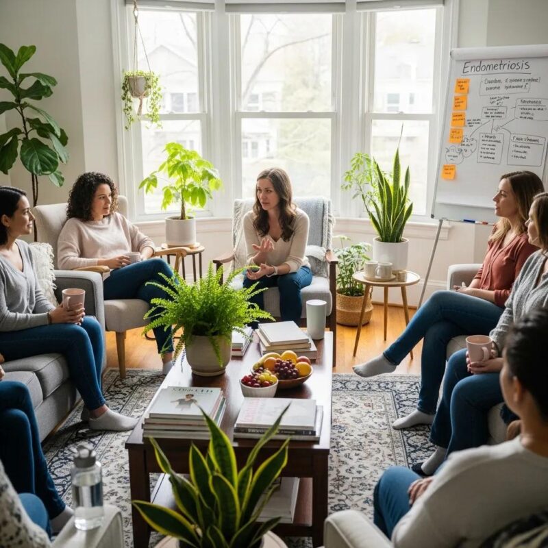Women discussing endometriosis symptoms and health in a supportive environment