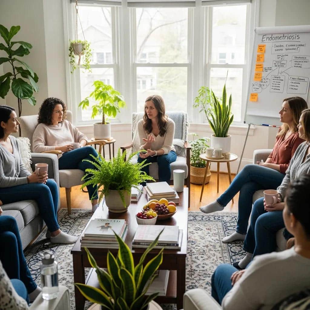 Women discussing endometriosis symptoms and health in a supportive environment