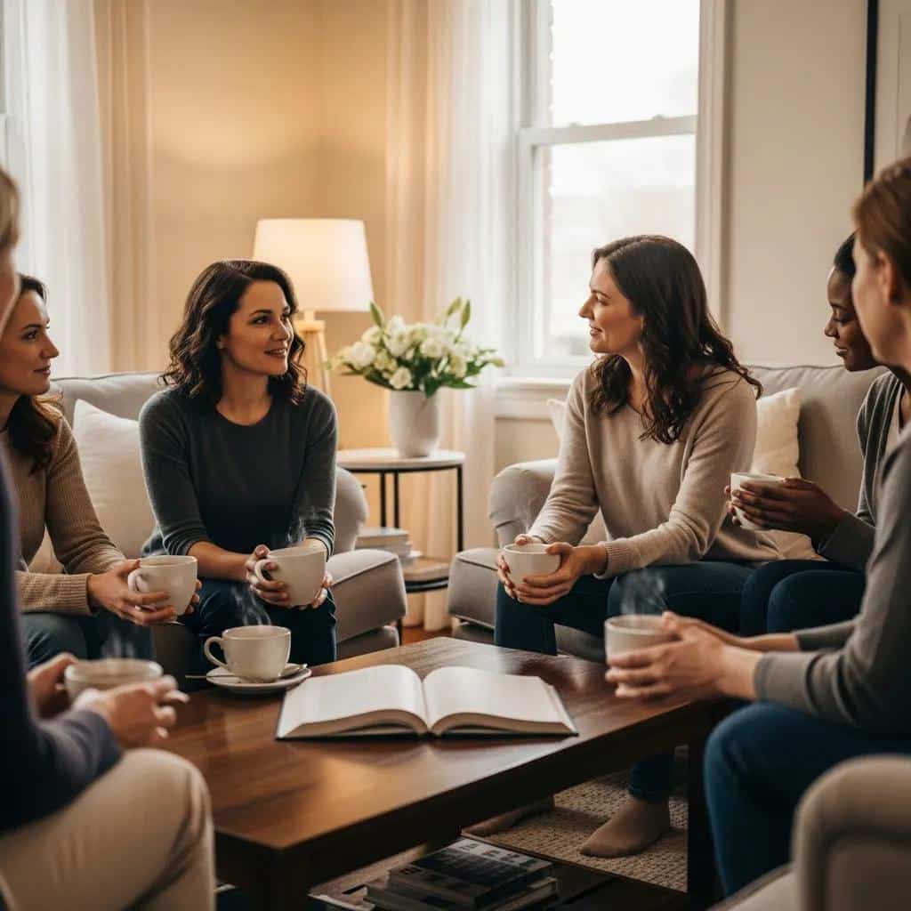Women discussing menopause and endometriosis in a cozy living room setting