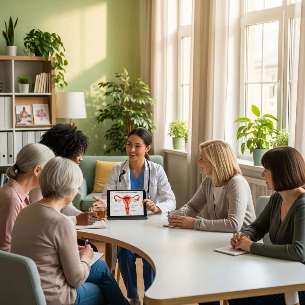 Women discussing postmenopausal endometriosis treatment options in a supportive healthcare setting