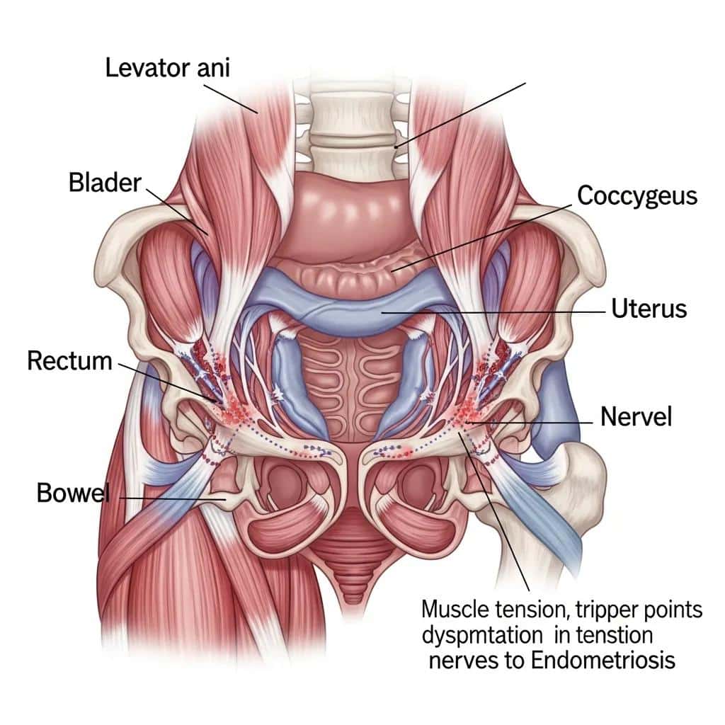 anatomical illustration of pelvic floor muscles illustrating their role in endometriosis pain 42fcdbc8 7195 4131 bba1 7794716d68bfwebp - Rachael Haverland Site Anatomical illustration of pelvic floor muscles, highlighting their role in supporting pelvic organs like the bladder, uterus, and rectum, with emphasis on muscle tension and its connection to endometriosis pain.