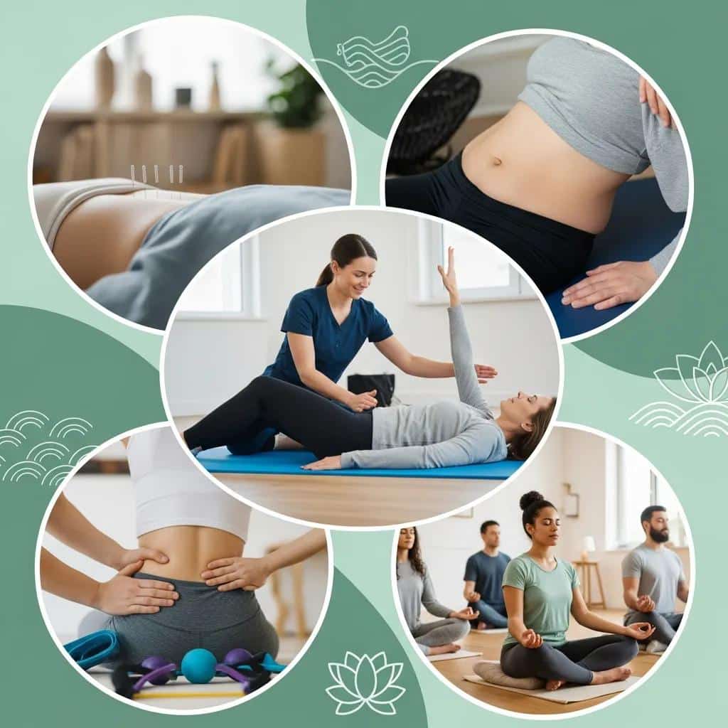 Illustration showing gentle exercise, breathing practice, and supportive therapies used in pelvic‑floor care