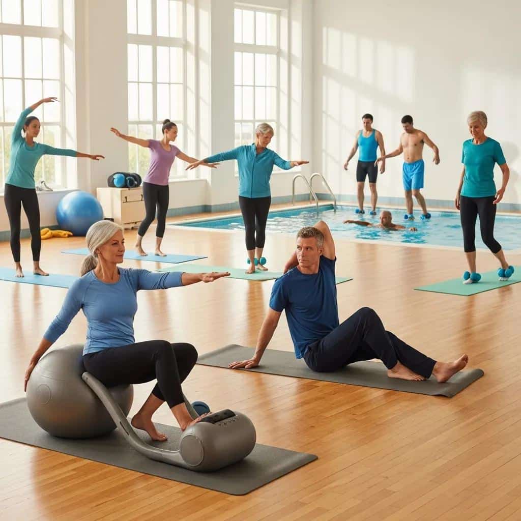 Diverse individuals engaging in gentle mobility exercises in a bright fitness studio, promoting pelvic health and well-being for endometriosis relief.