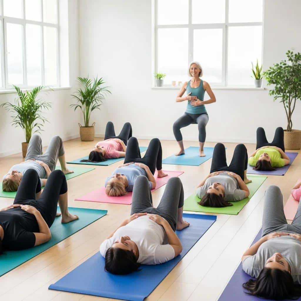 A small group practicing guided pelvic floor and breathing exercises in a supportive clinic setting