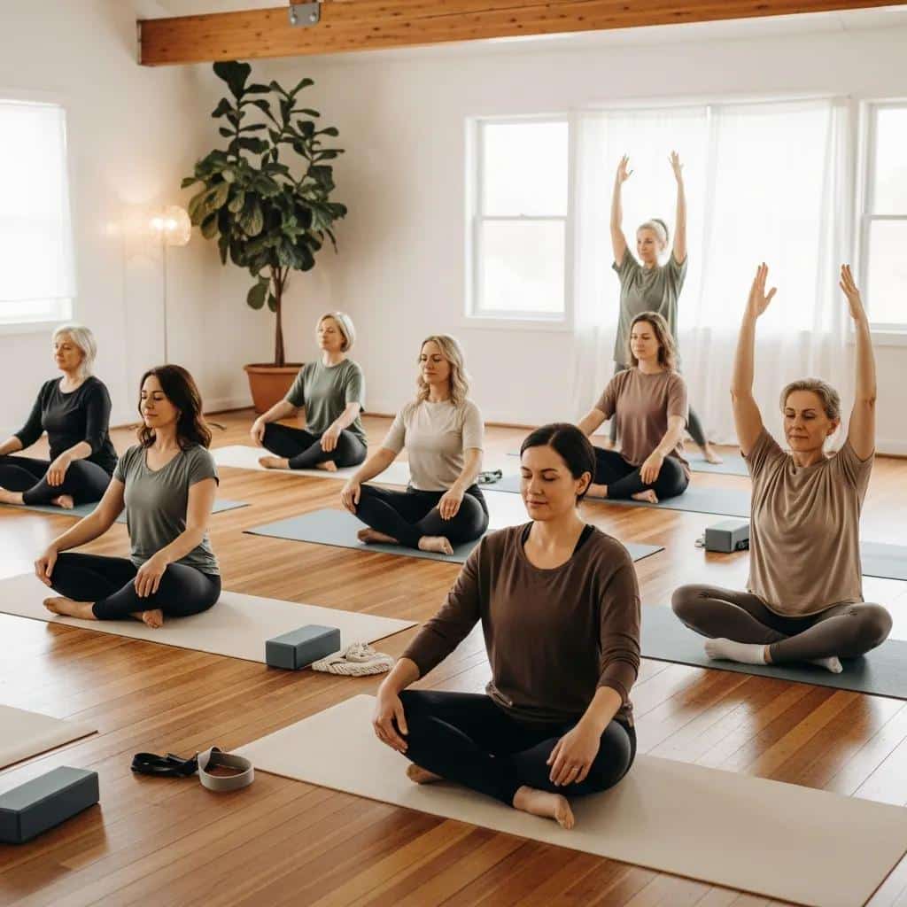 group of women in a gentle exercise class focusing on pilates for endometriosis pain relief d5186cd6 651a 435f a1a8 f5d879dd4b4fwebp - Rachael Haverland Site Group of women participating in a gentle exercise class, practicing Pilates for endometriosis pain relief, focused on mindfulness and relaxation techniques in a bright studio setting.