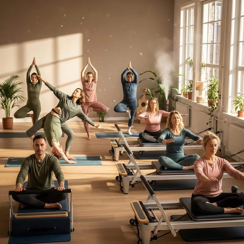 Group practicing yoga and Pilates in a bright studio, focusing on mobility, relaxation, and core support to alleviate endometriosis symptoms.