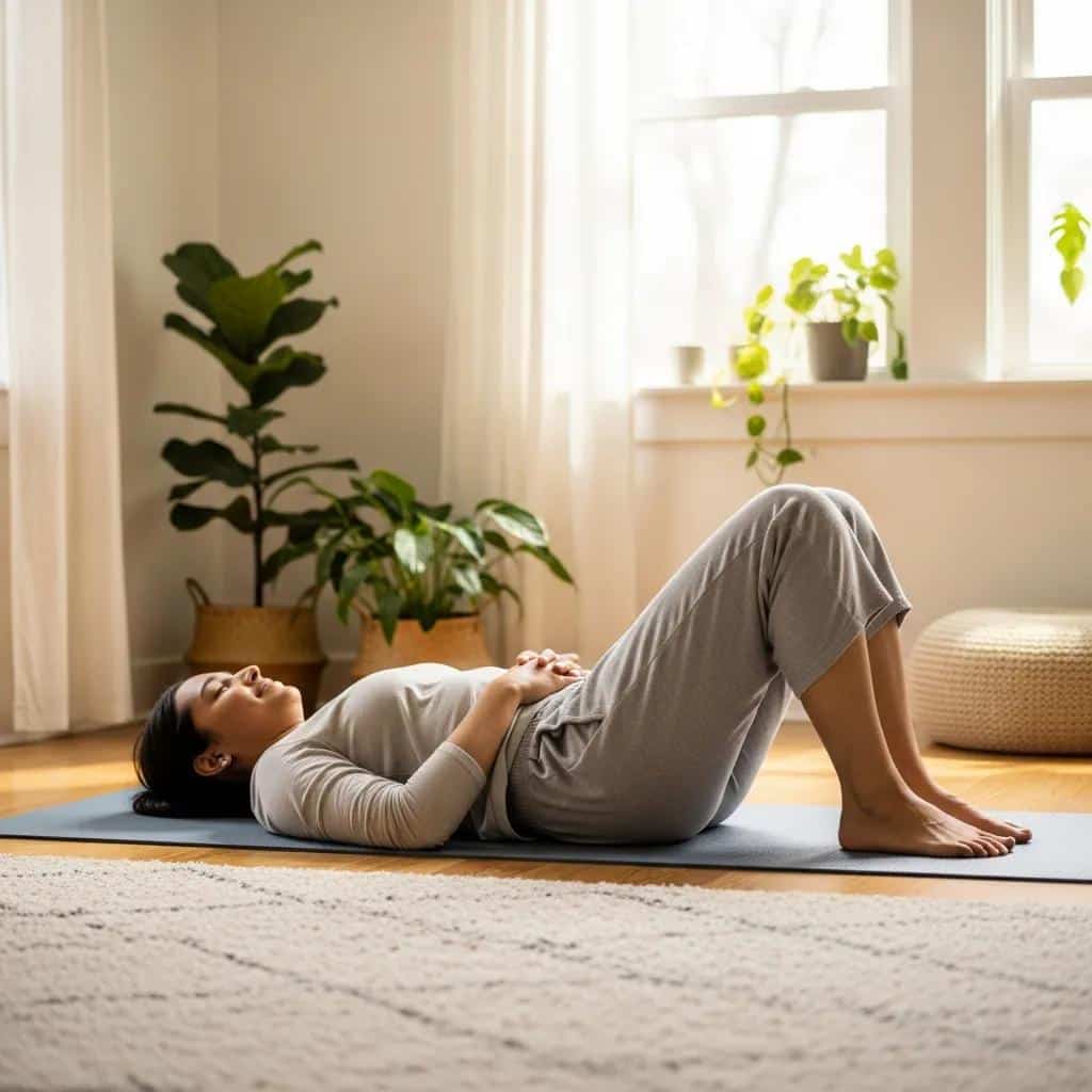 individual performing kegel exercises in a cozy home environment to illustrate therapeutic techniques b00df78c cdb8 4ae9 b798 3be51eec9804webp - Rachael Haverland Site Woman practicing Kegel exercises on a yoga mat in a cozy home environment, emphasizing pelvic floor therapy for endometriosis pain relief.