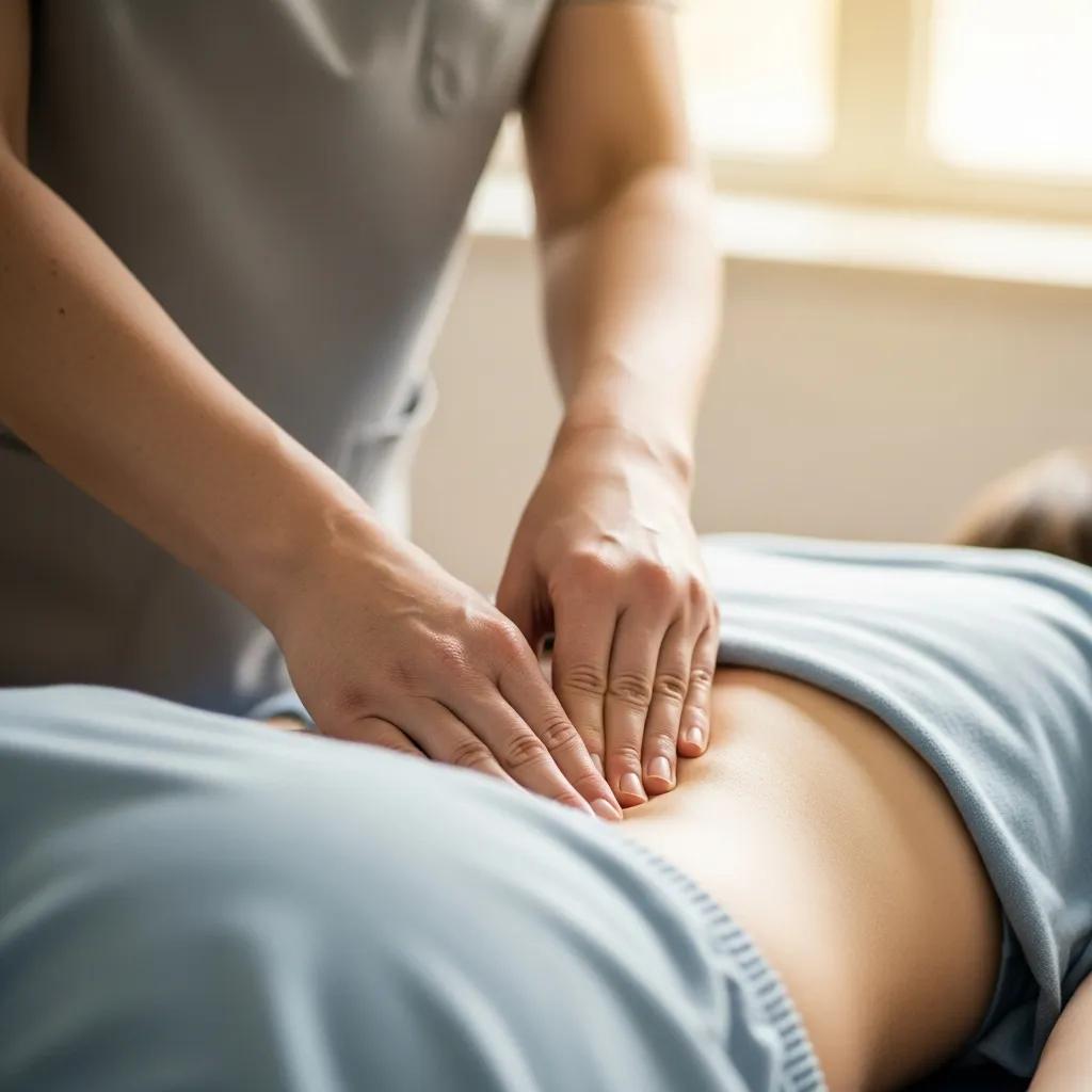 Manual therapy session focusing on myofascial release for pelvic pain relief, therapist applying hands-on techniques to lower back area.