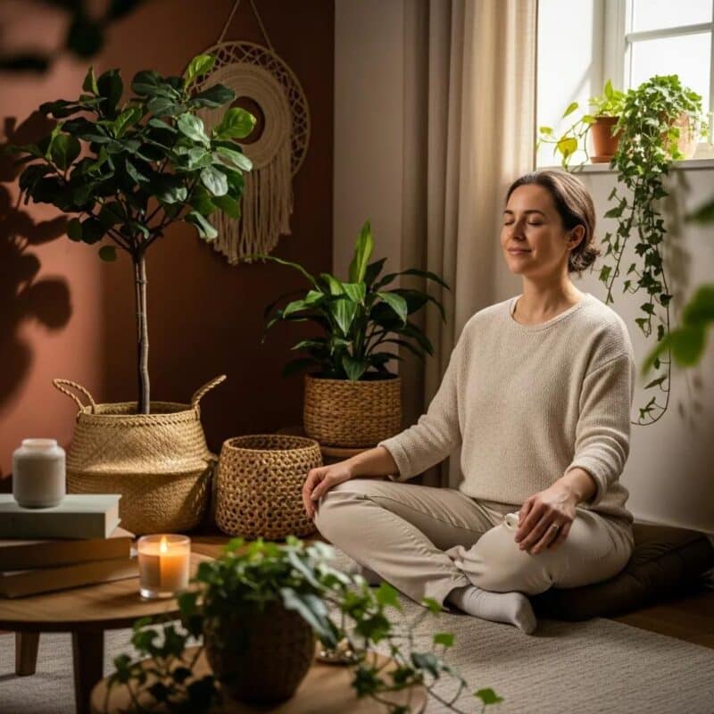 Person practicing guided imagery for pelvic pain relief in a tranquil setting